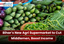 Bihar’s New Agri Supermarket to Cut Middlemen, Boost Income A vibrant display of fresh vegetables, including eggplants, bitter gourd, and long beans, featuring a news headline about Bihar’s new Agri Supermarket aimed at cutting out middlemen and boosting income.