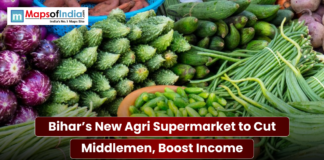 Bihar’s New Agri Supermarket to Cut Middlemen, Boost Income A vibrant display of fresh vegetables, including eggplants, bitter gourd, and long beans, featuring a news headline about Bihar’s new Agri Supermarket aimed at cutting out middlemen and boosting income.