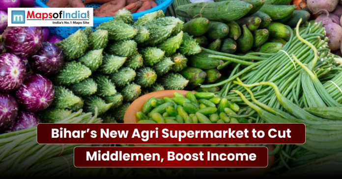 A vibrant display of fresh vegetables, including eggplants, bitter gourd, and long beans, featuring a news headline about Bihar’s new Agri Supermarket aimed at cutting out middlemen and boosting income.