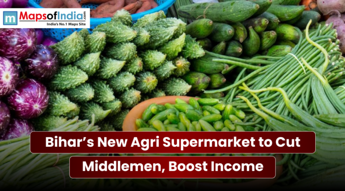 Bihar’s New Agri Supermarket to Cut Middlemen, Boost Income A vibrant display of fresh vegetables, including eggplants, bitter gourd, and long beans, featuring a news headline about Bihar’s new Agri Supermarket aimed at cutting out middlemen and boosting income.