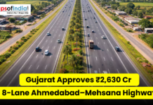 Gujarat Approves ₹2,630 Cr 8-Lane Ahmedabad–Mehsana Highway Aerial view of a wide multi-lane highway in Gujarat with vehicles and greenery, overlaid with text “Gujarat Approves ₹2,630 Cr 8-Lane Ahmedabad–Mehsana Highway” and Maps of India logo
