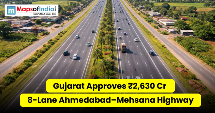 Aerial view of a wide multi-lane highway in Gujarat with vehicles and greenery, overlaid with text “Gujarat Approves ₹2,630 Cr 8-Lane Ahmedabad–Mehsana Highway” and Maps of India logo