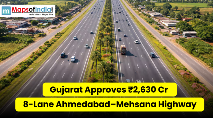 Gujarat Approves ₹2,630 Cr 8-Lane Ahmedabad–Mehsana Highway Aerial view of a wide multi-lane highway in Gujarat with vehicles and greenery, overlaid with text “Gujarat Approves ₹2,630 Cr 8-Lane Ahmedabad–Mehsana Highway” and Maps of India logo