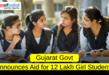 Gujarat Govt Announces Aid for 12 Lakh Girl Students Group of schoolgirls in uniform sitting together and discussing their studies, representing the Gujarat government’s announcement of financial aid for 12 lakh girl students.