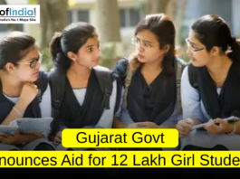 Group of schoolgirls in uniform sitting together and discussing their studies, representing the Gujarat government’s announcement of financial aid for 12 lakh girl students.