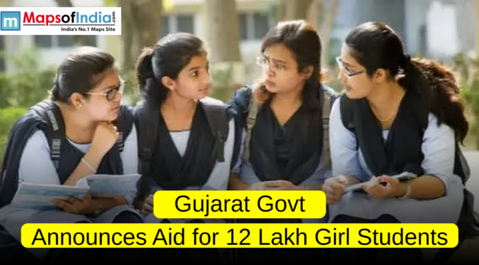 Gujarat Govt Announces Aid for 12 Lakh Girl Students Group of schoolgirls in uniform sitting together and discussing their studies, representing the Gujarat government’s announcement of financial aid for 12 lakh girl students.