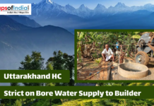 Uttarakhand HC Strict on Bore Water Supply to Builder Uttarakhand High Court order on strict borewell water supply to builders, shown with mountain backdrop and a rural borewell setup.