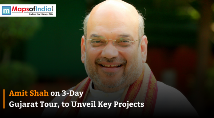 Amit Shah on 3-Day Gujarat Tour, to Unveil Key Projects Senior Indian political leader smiling during a public appearance ahead of a Gujarat visit.