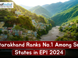 Scenic view of Uttarakhand’s hilly landscape with a river and hillside towns, featuring text stating “Uttarakhand Ranks No.1 Among Small States in EPI 2024.”