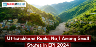 Uttarakhand Ranks No.1 Among Small States in EPI 2024 Scenic view of Uttarakhand’s hilly landscape with a river and hillside towns, featuring text stating “Uttarakhand Ranks No.1 Among Small States in EPI 2024.”