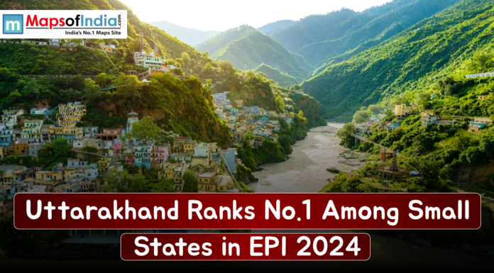 Uttarakhand Ranks No.1 Among Small States in EPI 2024 Scenic view of Uttarakhand’s hilly landscape with a river and hillside towns, featuring text stating “Uttarakhand Ranks No.1 Among Small States in EPI 2024.”