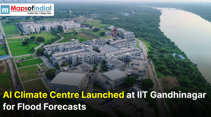 AI Climate Centre Launched at IIT Gandhinagar for Flood Forecasts An educational banner from IIT Gandhinagar announcing the launch of the "AI Resilience and Command (ARC) Centre" for real-time flood forecasting and climate risk management