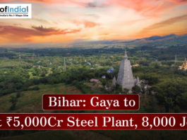 Bihar: Gaya to Get ₹5,000Cr Steel Plant, 8,000 Jobs Aerial view of a temple in Gaya, Bihar, with news text about a new steel plant.