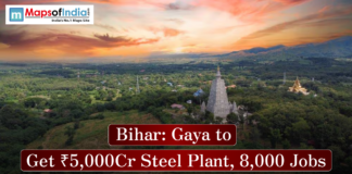 Bihar: Gaya to Get ₹5,000Cr Steel Plant, 8,000 Jobs Aerial view of a temple in Gaya, Bihar, with news text about a new steel plant.