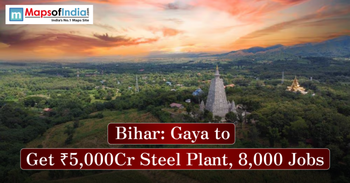 Aerial view of a temple in Gaya, Bihar, with news text about a new steel plant.