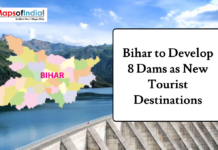 Bihar to Develop 8 Dams as New Tourist Destinations Graphic featuring a colorful map of Bihar over a dam and mountain lake background, with headline text reading “Bihar to Develop 8 Dams as New Tourist Destinations,” and a Maps of India logo.
