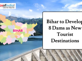 Bihar to Develop 8 Dams as New Tourist Destinations Graphic featuring a colorful map of Bihar over a dam and mountain lake background, with headline text reading “Bihar to Develop 8 Dams as New Tourist Destinations,” and a Maps of India logo.