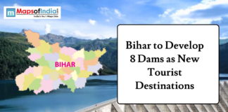 Bihar to Develop 8 Dams as New Tourist Destinations Graphic featuring a colorful map of Bihar over a dam and mountain lake background, with headline text reading “Bihar to Develop 8 Dams as New Tourist Destinations,” and a Maps of India logo.