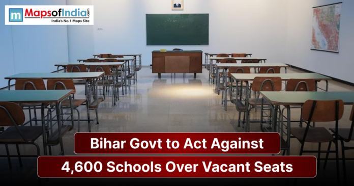 Empty classroom with rows of desks and chairs, illustrating Bihar government action against 4,600 schools over vacant student seats.