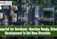 Blueprint for Haridwar–Roorkee Ready, Urban Development to Get New Direction Aerial view of a cityscape with roads, buildings, and green spaces, featuring text overlay “Blueprint for Haridwar–Roorkee Ready, Urban Development to Get New Direction” and the Maps of India logo.