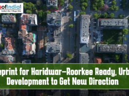 Aerial view of a cityscape with roads, buildings, and green spaces, featuring text overlay “Blueprint for Haridwar–Roorkee Ready, Urban Development to Get New Direction” and the Maps of India logo.
