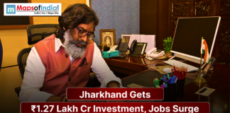 Jharkhand Gets ₹1.27 Lakh Cr Investment, Jobs Surge Jharkhand Chief Minister Hemant Soren working at his office desk with official setup as headline announces ₹1.27 lakh crore investment and job growth in Jharkhand.