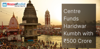 Centre Funds Haridwar Kumbh with ₹500 Crore Devotees bathing in the Ganga at Haridwar during Kumbh Mela, with temples and clock tower in the background and text about ₹500 crore central funding