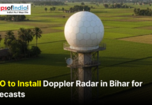ISRO to Install Doppler Radar in Bihar for Forecasts A Doppler weather radar tower stands amid green fields in Bihar, with text announcing ISRO’s plan to install it for improved weather forecasts