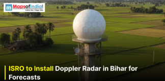 ISRO to Install Doppler Radar in Bihar for Forecasts A Doppler weather radar tower stands amid green fields in Bihar, with text announcing ISRO’s plan to install it for improved weather forecasts