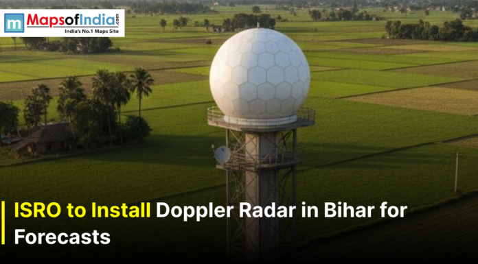 ISRO to Install Doppler Radar in Bihar for Forecasts A Doppler weather radar tower stands amid green fields in Bihar, with text announcing ISRO’s plan to install it for improved weather forecasts