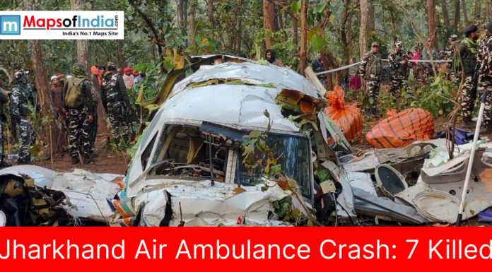 Jharkhand Air Ambulance Crash: 7 Killed Rescue teams and security personnel inspect the wreckage of a crashed air ambulance in a forested area in Jharkhand