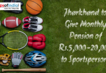 Jharkhand to Give Monthly Pension of Rs.5,000-20,000 to Sportspersons Assorted sports equipment on grass with text announcing Jharkhand's monthly pension of Rs. 5,000–20,000 for sportspersons.