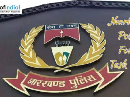 Jharkhand Police emblem displayed on a building wall with text overlay reading “Jharkhand Police to Form AI Task Force” and Maps of India logo in the corner.