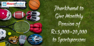 Jharkhand to Give Monthly Pension of Rs.5,000-20,000 to Sportspersons Assorted sports equipment on grass with text announcing Jharkhand's monthly pension of Rs. 5,000–20,000 for sportspersons.