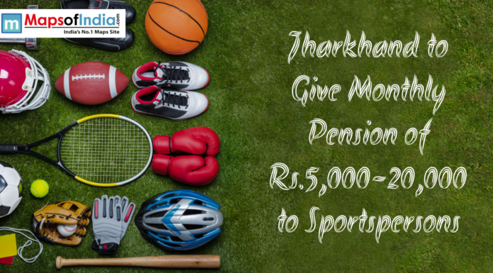Jharkhand to Give Monthly Pension of Rs.5,000-20,000 to Sportspersons Assorted sports equipment on grass with text announcing Jharkhand's monthly pension of Rs. 5,000–20,000 for sportspersons.