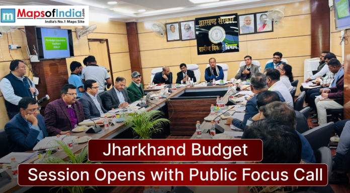 Jharkhand Budget Session Opens with Public Focus Call Officials attend a Jharkhand government budget meeting in a conference room, with a presentation screen and banner reading “Jharkhand Budget Session Opens with Public Focus Call.”