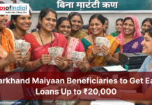 Jharkhand Maiyaan Beneficiaries to Get Easy Loans Up to ₹20,000 Women beneficiaries in Jharkhand smiling and holding cash at a bank counter, highlighting the Maiyaan scheme offering easy loans up to ₹20,000.