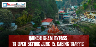 Kainchi Dham Bypass to Open Before June 15, Easing Traffic Aerial view of Kainchi Dham area in Uttarakhand showing a temple complex, bridge, hillside town, and traffic, with text announcing “Kainchi Dham Bypass to open before June 15, easing traffic”