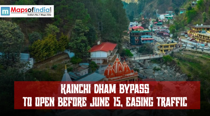 Kainchi Dham Bypass to Open Before June 15, Easing Traffic Aerial view of Kainchi Dham area in Uttarakhand showing a temple complex, bridge, hillside town, and traffic, with text announcing “Kainchi Dham Bypass to open before June 15, easing traffic”