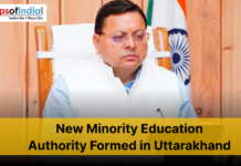 New Minority Education Authority Formed in Uttarakhand Uttarakhand Chief Minister Pushkar Singh Dhami seated in his office with the Indian flag behind him as a headline announces the formation of a new Minority Education Authority in Uttarakhand.