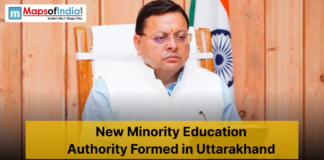 New Minority Education Authority Formed in Uttarakhand Uttarakhand Chief Minister Pushkar Singh Dhami seated in his office with the Indian flag behind him as a headline announces the formation of a new Minority Education Authority in Uttarakhand.