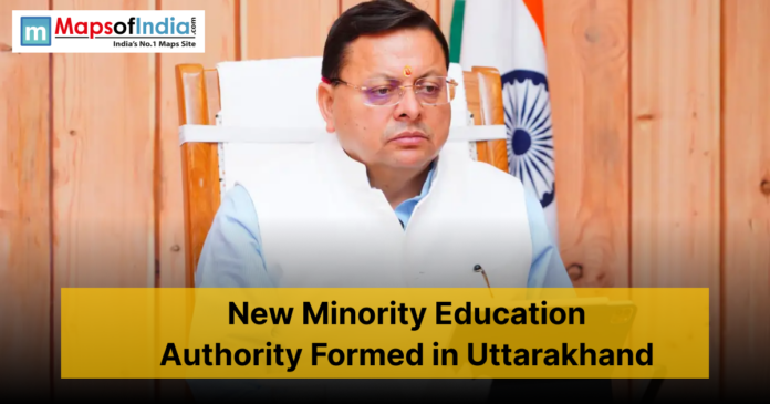 Uttarakhand Chief Minister Pushkar Singh Dhami seated in his office with the Indian flag behind him as a headline announces the formation of a new Minority Education Authority in Uttarakhand.