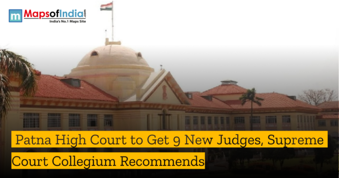 The Patna High Court building with an overlay text stating the Supreme Court Collegium has recommended nine new judges.