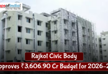 Rajkot Civic Body Approves ₹3,606.90 Cr Budget for 2026–27 Under-construction multi-storey residential buildings in Rajkot with scaffolding, overlaid text announcing “Rajkot Civic Body approves ₹3,606.90 crore budget for 2026–27” and the MapsofIndia logo