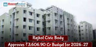 Rajkot Civic Body Approves ₹3,606.90 Cr Budget for 2026–27 Under-construction multi-storey residential buildings in Rajkot with scaffolding, overlaid text announcing “Rajkot Civic Body approves ₹3,606.90 crore budget for 2026–27” and the MapsofIndia logo