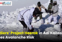 Soldiers’ Project Heerak in Adi Kailash Faces Avalanche Risk Soldiers in snow gear working together in a snowy mountainous area, with text overlay about Project Heerak in Adi Kailash facing avalanche risk