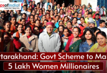 Uttarakhand: Govt Scheme to Make 5 Lakh Women Millionaires A promotional banner by the Uttarakhand government featuring Chief Minister Pushkar Singh Dhami and the Lakhpati Didi Yojana, aiming to empower 5 lakh women to become millionaires by 2025