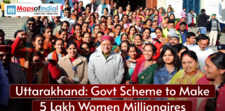 Uttarakhand: Govt Scheme to Make 5 Lakh Women Millionaires A promotional banner by the Uttarakhand government featuring Chief Minister Pushkar Singh Dhami and the Lakhpati Didi Yojana, aiming to empower 5 lakh women to become millionaires by 2025