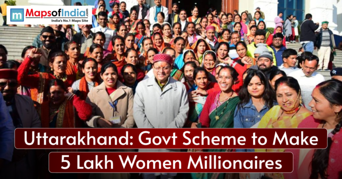 A promotional banner by the Uttarakhand government featuring Chief Minister Pushkar Singh Dhami and the Lakhpati Didi Yojana, aiming to empower 5 lakh women to become millionaires by 2025