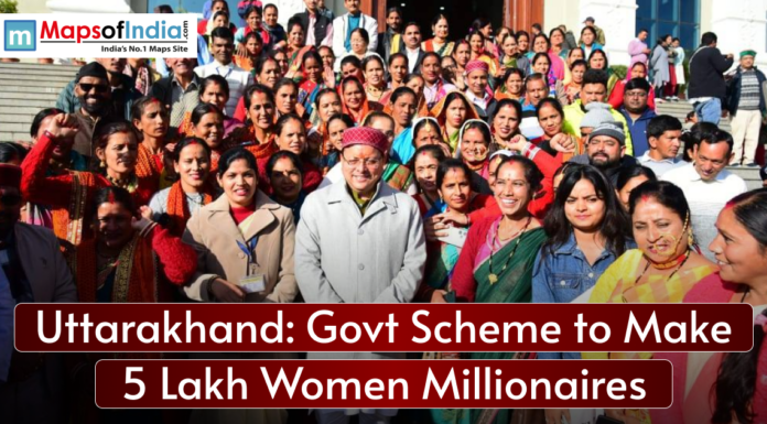 Uttarakhand: Govt Scheme to Make 5 Lakh Women Millionaires A promotional banner by the Uttarakhand government featuring Chief Minister Pushkar Singh Dhami and the Lakhpati Didi Yojana, aiming to empower 5 lakh women to become millionaires by 2025
